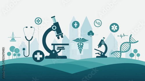 Modern healthcare and scientific research illustration featuring medical equipment, laboratory instruments, and digital technology symbols