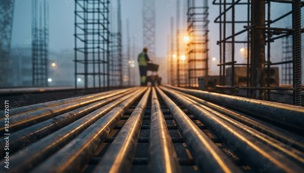 Fototapeta premium Construction worker skillfully maneuvering materials across a misty construction site, showcasing strength and precision in modern urban development, infrastructure growth