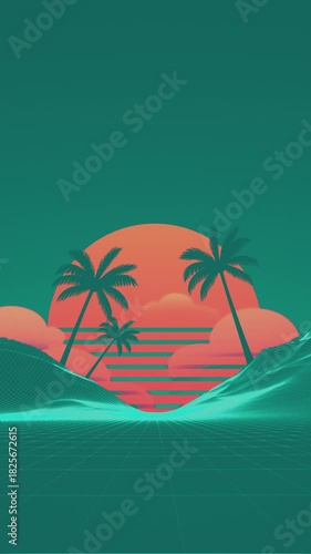 Retro 80s Outrun background loop featuring an intense glowing sun, palm tree silhouettes, and a futuristic wireframe grid terrain. Perfect for social media stories and vertical mobile video platforms.