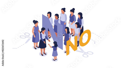 Isometric Illustration of a Group of Women Surrounding a "NO" Sign