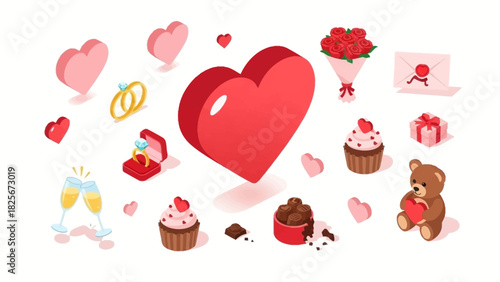 Valentine's Day icons with hearts, rings, gifts, and sweet treats for romantic celebrations