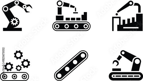 Industrial Automation Icons: Robotic Arms, Conveyor Belts, and Gears