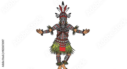 Elaborate Tribal Warrior in Traditional Ceremonial Attire with Feathered Headdress.