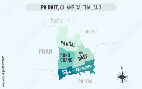 Map showing Pa Daet District Chiang Rai Thailand divided into sub-districts with minimalist colorful patterns