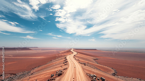 Aerial view of a winding dirt road along a red desert ridge under a dramatic sky with a distant bridge structure