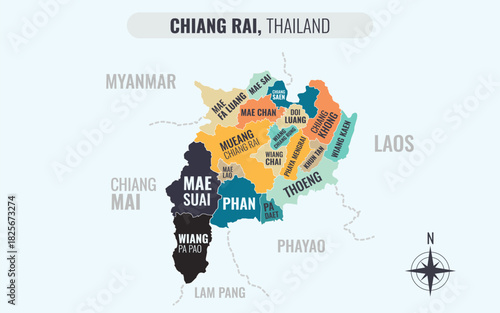 A map showing Chiang Rai Thailand divided into districts in a minimalist colorful style