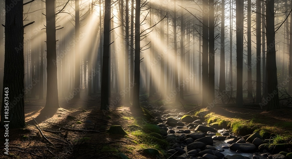 Obraz premium Sunbeams Through the Forest Canopy A Serene Woodland Scene