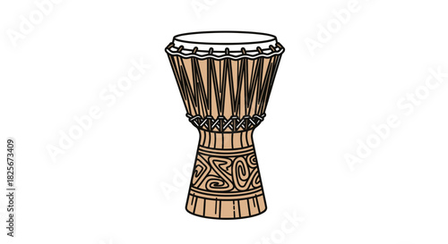 Traditional African Djembe Drum with Intricate Carvings and Rope Tuning.
