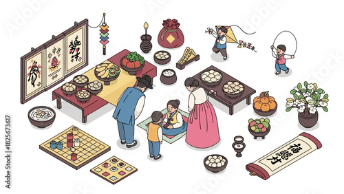 Heartwarming isometric illustration of a Korean family gathered for a traditional holiday, enjoying ancestral rites, festive food, and cultural games