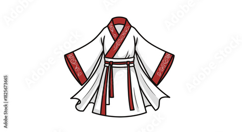 Traditional White and Red Hanfu Robe with Belt and Wide Sleeves.