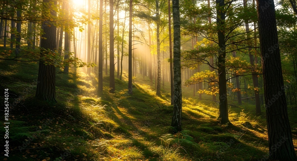 Fototapeta premium Sunlit Forest Path Morning Rays Through Woodland Trees Background
