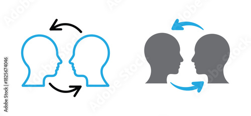 Communication vector icon. Black icon of two heads with arrows between them symbolizing conversation.