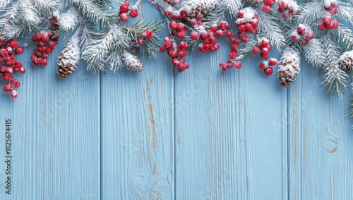 Winter holiday scene with blue wood background pine branches berries and pinecones