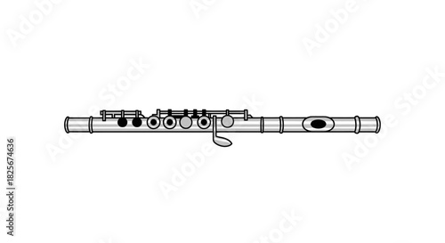 Detailed Illustration of a Silver Flute with Keys and Embouchure Hole.