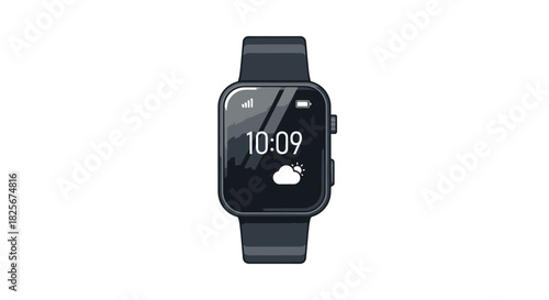 Modern Black Smartwatch Displaying Time and Weather Icon.