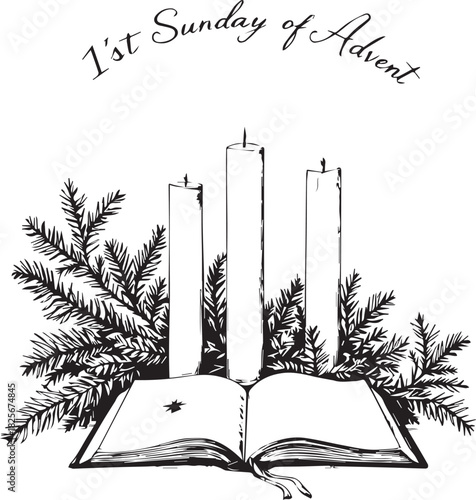 Black and white vector illustration of 1st Sunday of Advent with candles, pine branches, and scripture