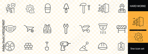 Safety gear and personal protective equipment (PPE) icons set. Set of hard hat, rubber boots, work pants, ear muffs, protective gloves, respirator, face mask vector icon with editable stroke