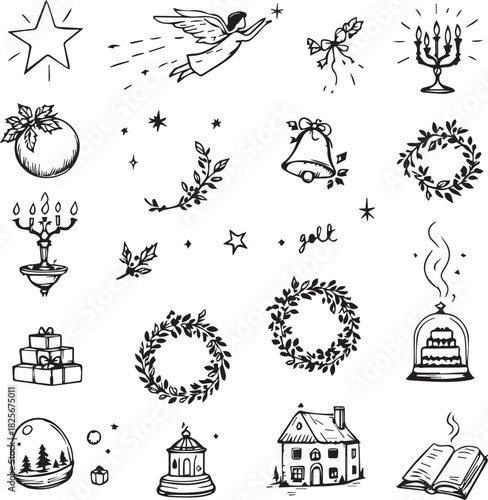 Black and white vector set of hand-drawn Christmas icons including wreaths, gifts, candles, stars, and holly