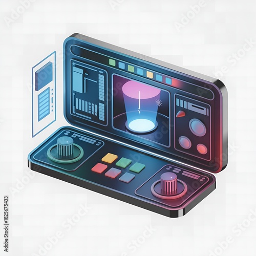 Futuristic Control Panel with Glowing Displays and Joysticks