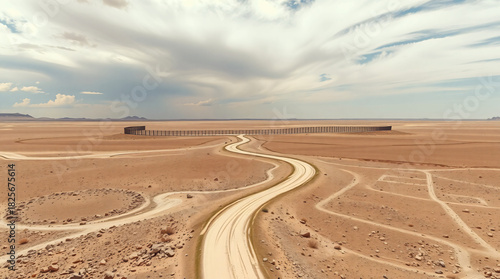 Aerial view of a winding dirt road leading to a large circular structure in a vast desert landscape under a dramatic cloudy sky