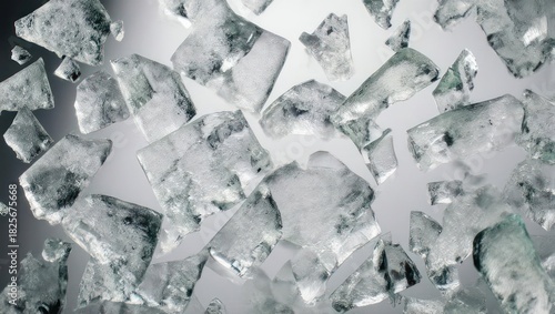 Shattered ice cubes, dispersed in mid-air, against a muted gray background.  Transparent, crystalline fragments