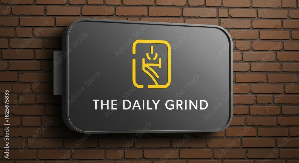 Fototapeta premium Rectangular illuminated business sign displaying stylized text and abstract symbol affixed to a brick wall surface