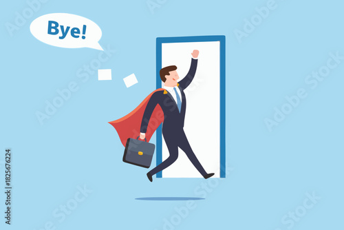 Superhero businessman leaving job walking through door with cape and briefcase