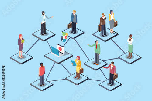 Isometric business network with diverse professionals and digital communication on a light blue background