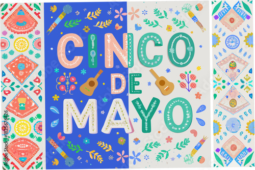 Festive cinco de mayo illustration with colorful decorations and typography