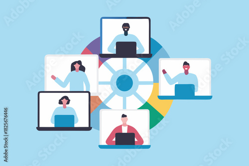 Online meeting with diverse team members on laptops for remote work