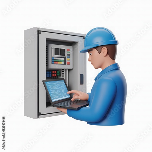 Engineer in blue uniform and helmet works on electrical panel with laptop