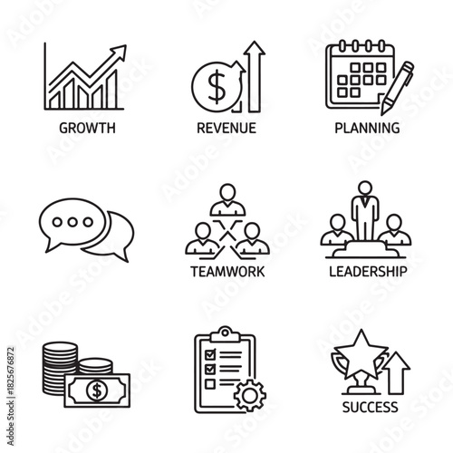 Business icons representing growth, revenue, planning, teamwork, leadership and success