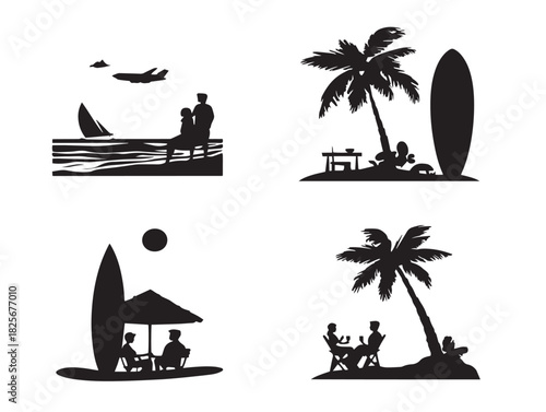 Stunning elegant beach silhouette set for relaxing themes