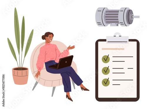 Woman seated with laptop discussing tasks, checklist with marked tasks, industrial motor, potted plant. Ideal for productivity, teamwork, project planning, industry, remote work organization simple