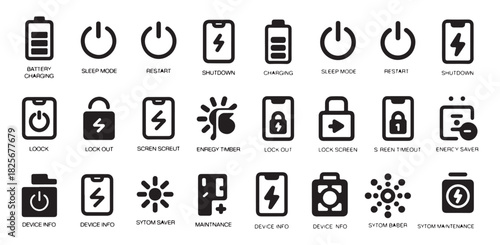 Set of battery charging, sleep mode, restart, shutdown, and lock out icons