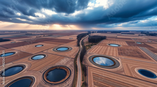 Expansive aerial view of agricultural fields with circular irrigation ponds and a winding road under a dramatic cloudy sky at sunset
