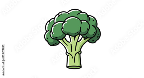 Simple and charming cartoon illustration of a fresh green broccoli floret with a thick stalk, depicted in a cute, hand-drawn style.