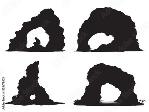 Gorgeous rock cave formation silhouettes created in simple clean style