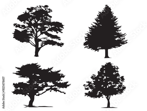 Elegant cedar tree silhouette icon set with beautiful forest vibes