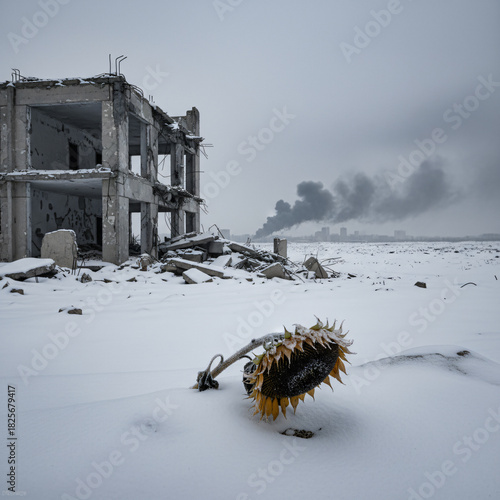 Desolate winter landscape with a fallen, frost-covered sunflower in a snowy field, alongside a destroyed building and a distant smoke plume, symbolizing the harsh realities of war and devastation