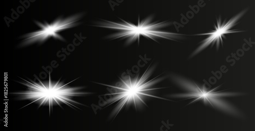 Glow isolated white transparent light effect set, lens flare, explosion, glitter, line, sun flash, spark and stars. Abstract special effect element design.