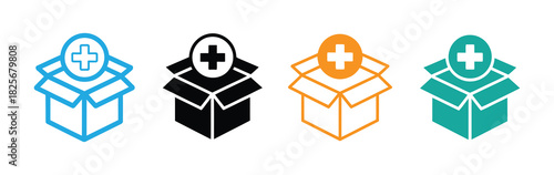 Medical Box Icon Set Plus Sign on Black and White Cardboard Boxes Vector Design. Medical Box Icon Logo Design Element.