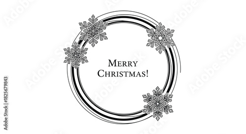 Elegant black and white Christmas frame with 'Merry Christmas!' text, featuring a double circular border adorned with detailed snowflakes.