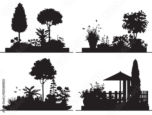 Stunning garden silhouette icon with beautiful bold natural elements