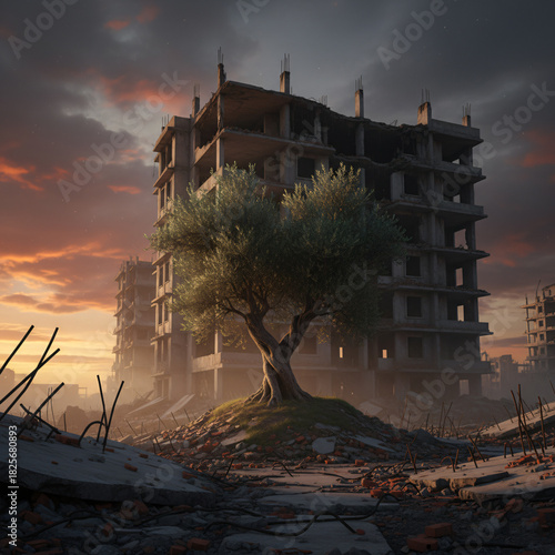 Resilient olive tree growing amidst rubble and destroyed buildings in a war-torn city at sunset, symbolizing hope and peace in devastation