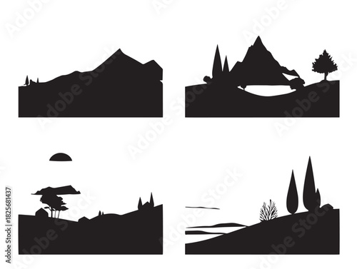 Gorgeous hill landscape silhouette icon set with stunning vector scenery