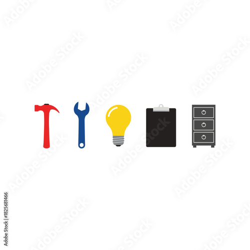 Collection of tools and office supplies on a white background