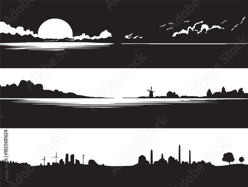 Gorgeous scenic horizon silhouettes featuring stunning minimal outlines