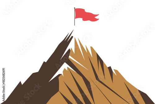 Mountain peak with flag on the summit, representing business strategy, leadership, planning, challenges, goal achievement, success, mission accomplished, teamwork, motivation, corporate growth,