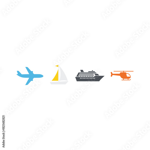 Diverse modes of transportation including an airplane sailboat cruise ship and helicopter